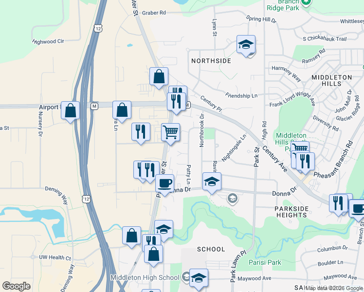map of restaurants, bars, coffee shops, grocery stores, and more near 3138 Patty Lane in Middleton