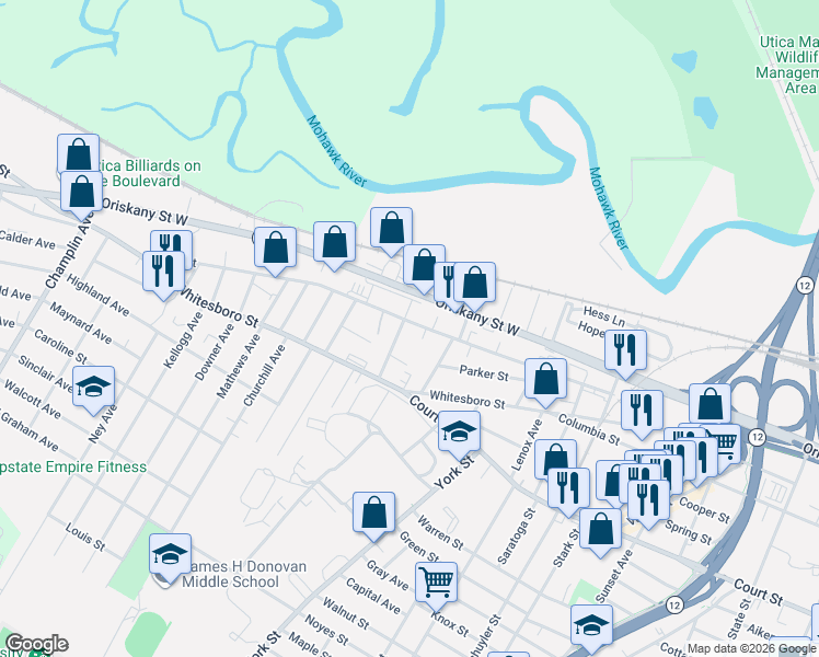 map of restaurants, bars, coffee shops, grocery stores, and more near 1433 Erie Street in Utica