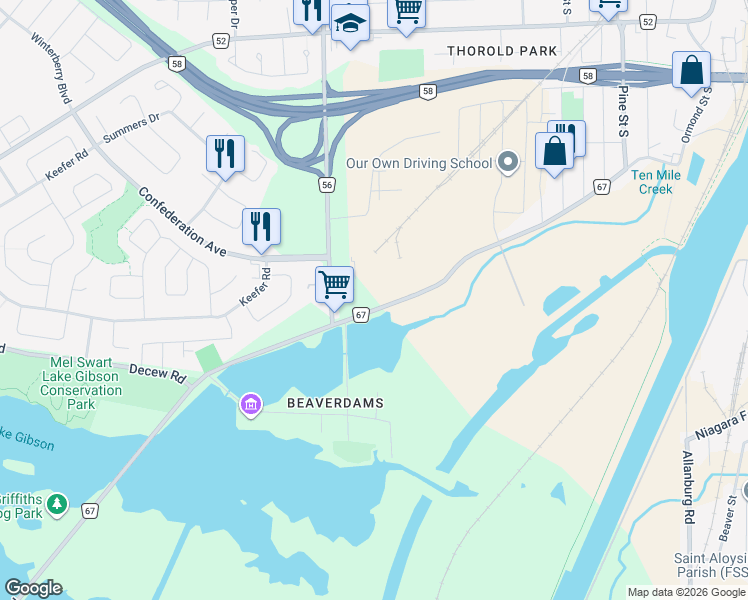 map of restaurants, bars, coffee shops, grocery stores, and more near 1676 Beaverdams Road in Thorold