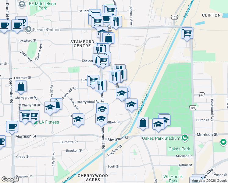 map of restaurants, bars, coffee shops, grocery stores, and more near 6128 Perkins Street in Niagara Falls