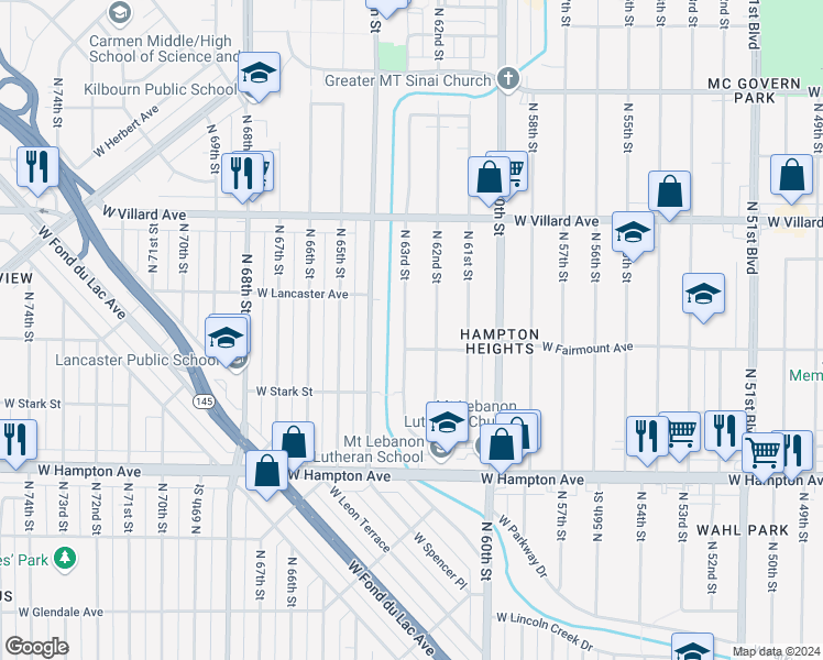 map of restaurants, bars, coffee shops, grocery stores, and more near 5020 North 63rd Street in Milwaukee