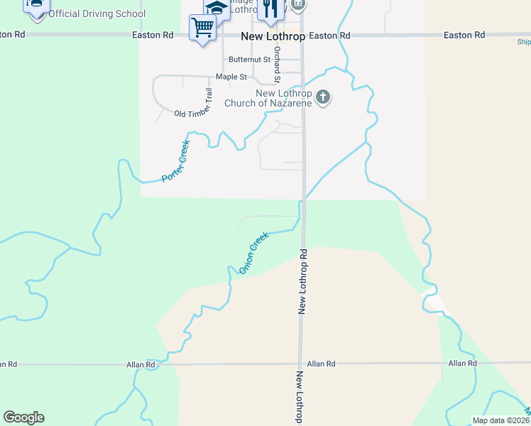 map of restaurants, bars, coffee shops, grocery stores, and more near 9845 Oak Ridge Road in New Lothrop