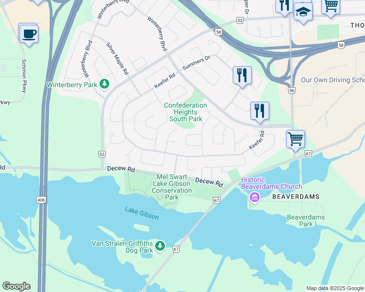 map of restaurants, bars, coffee shops, grocery stores, and more near 24 Tara Crescent in Thorold
