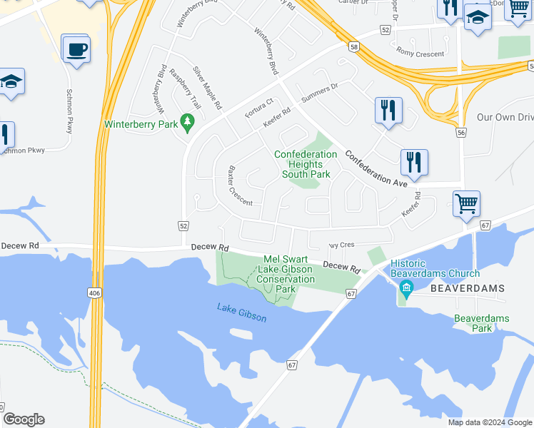 map of restaurants, bars, coffee shops, grocery stores, and more near 76 Capri Street in Thorold