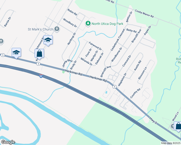map of restaurants, bars, coffee shops, grocery stores, and more near 116 Park Edge Drive in Utica
