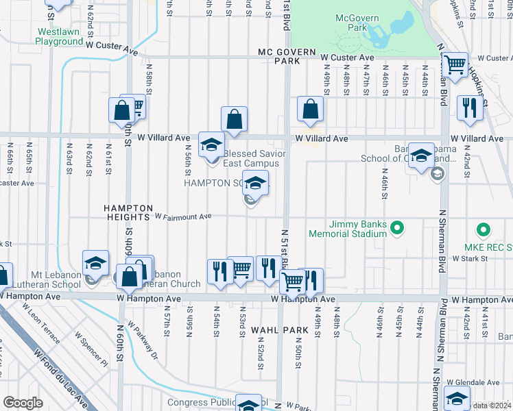 map of restaurants, bars, coffee shops, grocery stores, and more near 5000 North 53rd Street in Milwaukee