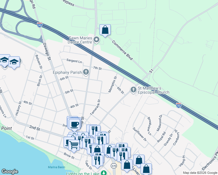 map of restaurants, bars, coffee shops, grocery stores, and more near 113 Memphis Street in Liverpool