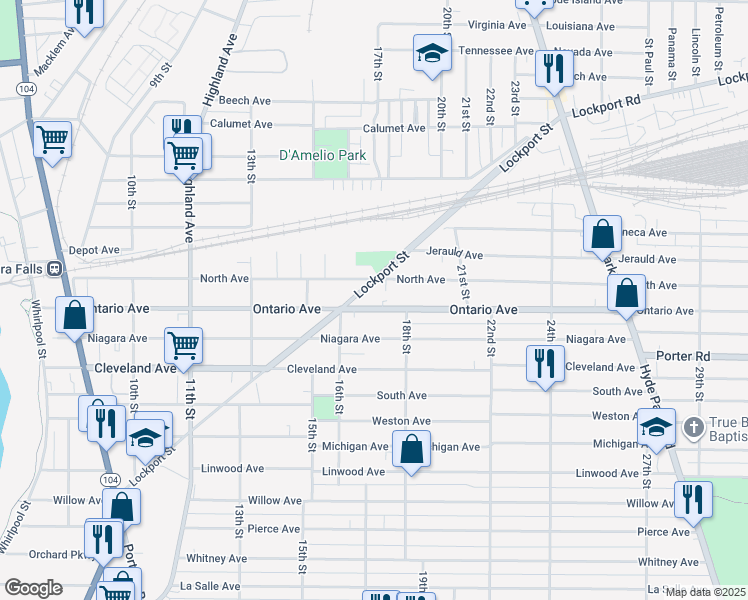 map of restaurants, bars, coffee shops, grocery stores, and more near 1639 Ontario Avenue in Niagara Falls