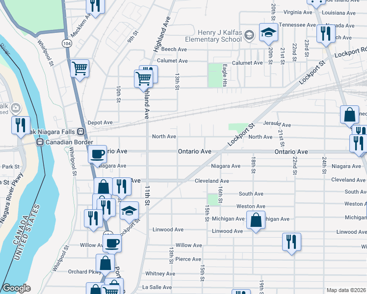 map of restaurants, bars, coffee shops, grocery stores, and more near 1321 Ontario Avenue in Niagara Falls