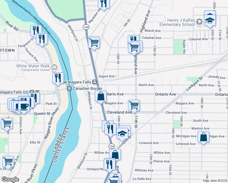 map of restaurants, bars, coffee shops, grocery stores, and more near 2120 10th Street in Niagara Falls
