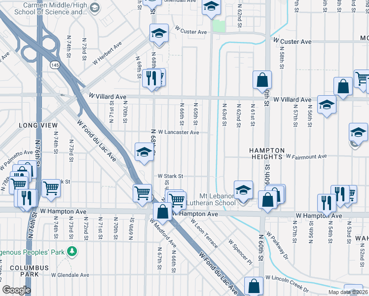 map of restaurants, bars, coffee shops, grocery stores, and more near 5001 North 65th Street in Milwaukee