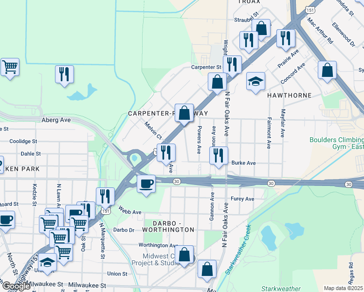 map of restaurants, bars, coffee shops, grocery stores, and more near 721 Pinecrest Drive in Madison