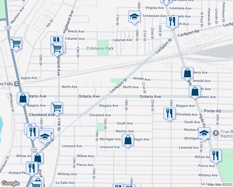 map of restaurants, bars, coffee shops, grocery stores, and more near 1639 Ontario Avenue in Niagara Falls