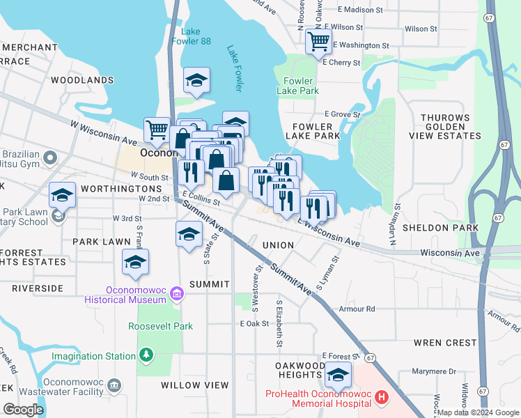 map of restaurants, bars, coffee shops, grocery stores, and more near 419 East Wisconsin Avenue in Oconomowoc