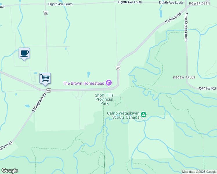 map of restaurants, bars, coffee shops, grocery stores, and more near 1317 Pelham Road in St. Catharines