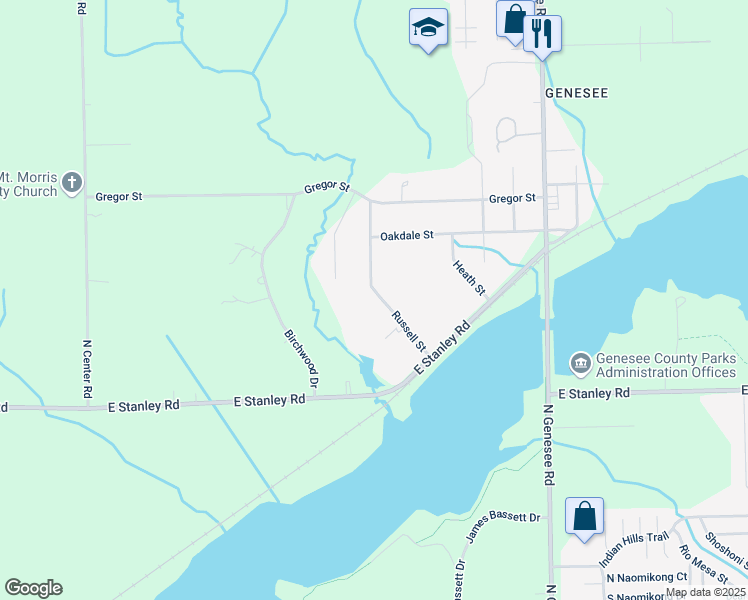 map of restaurants, bars, coffee shops, grocery stores, and more near 7139 Russell Street in Genesee charter Township