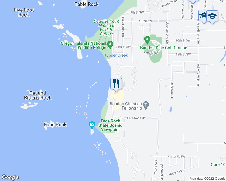 map of restaurants, bars, coffee shops, grocery stores, and more near 1740 Beach Loop Road in Bandon