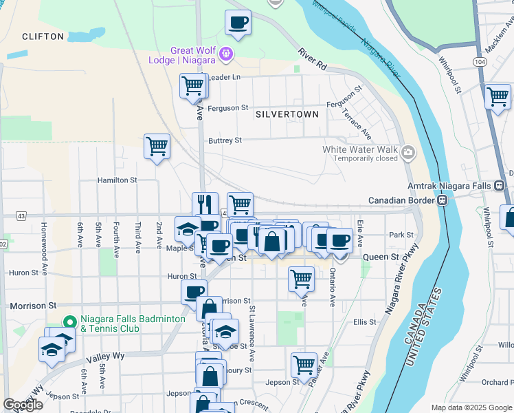 map of restaurants, bars, coffee shops, grocery stores, and more near 4629 Bridge Street in Niagara Falls