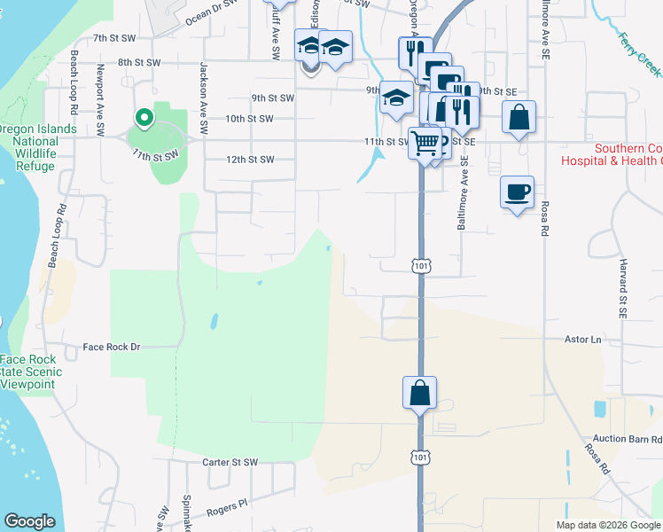map of restaurants, bars, coffee shops, grocery stores, and more near 87539 18th Street Southwest in Bandon