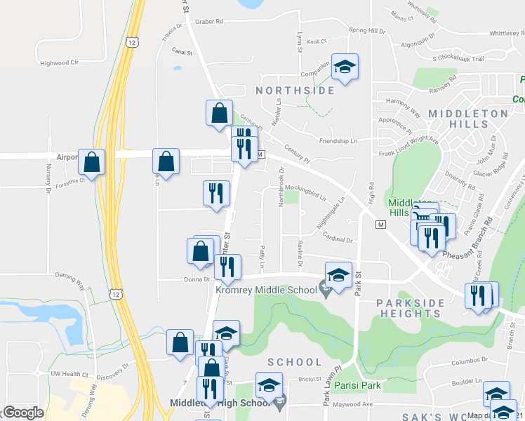 map of restaurants, bars, coffee shops, grocery stores, and more near 3217 Patty Lane in Middleton