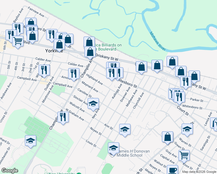 map of restaurants, bars, coffee shops, grocery stores, and more near 2107 Highland Avenue in Utica
