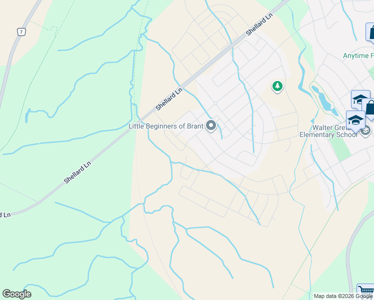 map of restaurants, bars, coffee shops, grocery stores, and more near 1 Bee Crescent in Brantford