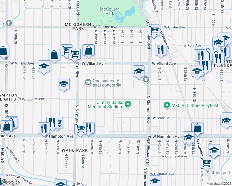 map of restaurants, bars, coffee shops, grocery stores, and more near 5026 North 47th Street in Milwaukee