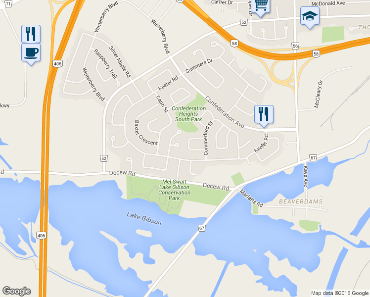 map of restaurants, bars, coffee shops, grocery stores, and more near 26 Tara Crescent in Thorold