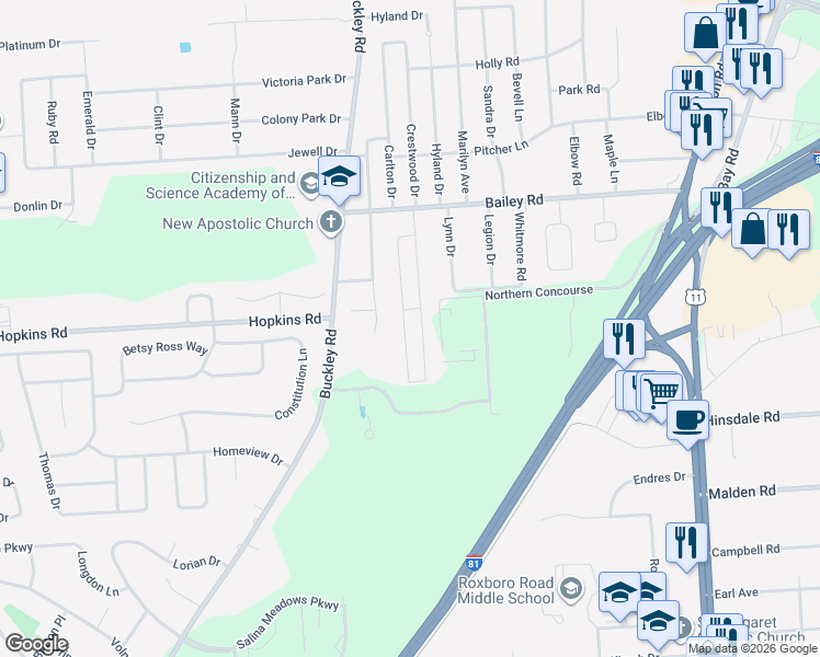 map of restaurants, bars, coffee shops, grocery stores, and more near 137 Orchard Drive East in Syracuse