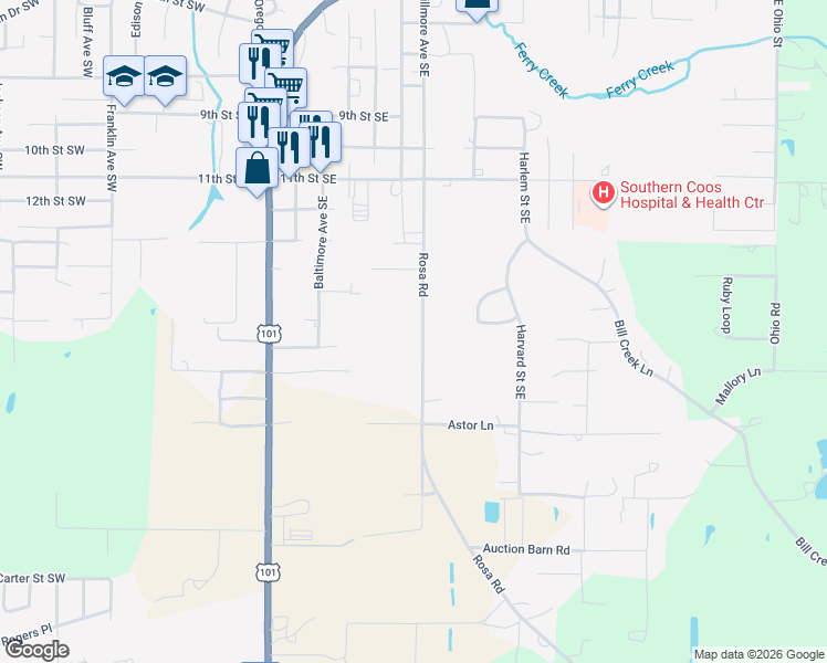 map of restaurants, bars, coffee shops, grocery stores, and more near 55314 Rosa Road in Bandon