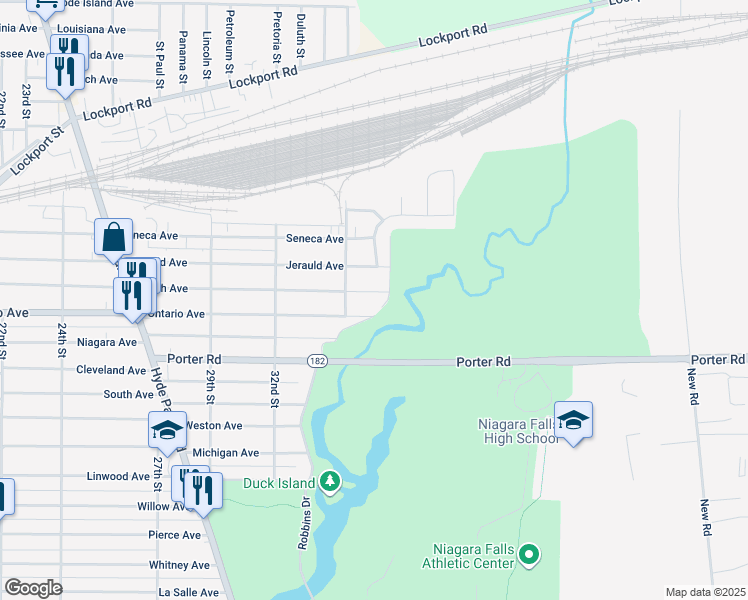 map of restaurants, bars, coffee shops, grocery stores, and more near 3526 Ontario Avenue in Niagara Falls