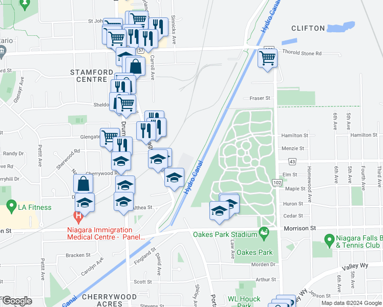 map of restaurants, bars, coffee shops, grocery stores, and more near Millennium Recreational Trail in Niagara Falls
