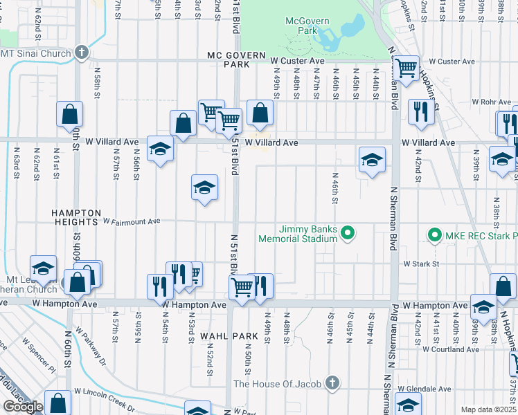 map of restaurants, bars, coffee shops, grocery stores, and more near 4934 West Fairmount Avenue in Milwaukee