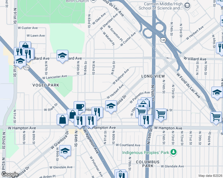 map of restaurants, bars, coffee shops, grocery stores, and more near 8114 West Herbert Avenue in Milwaukee