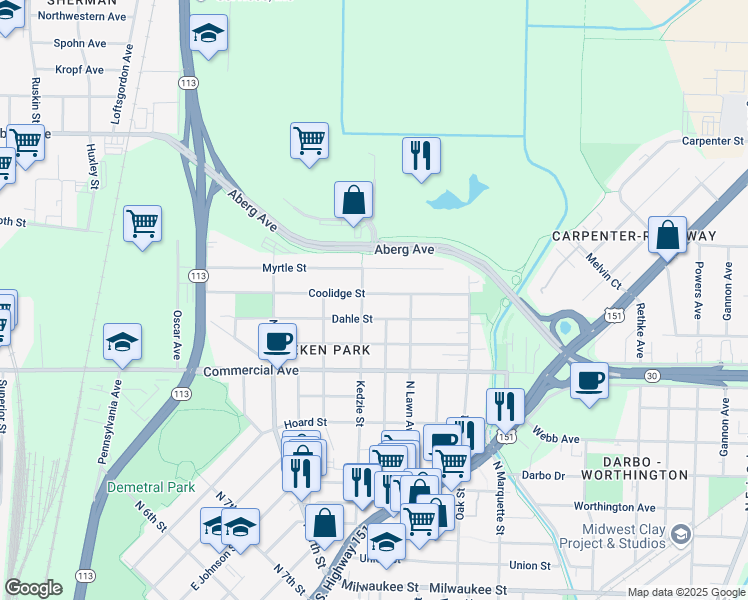 map of restaurants, bars, coffee shops, grocery stores, and more near 2634 Dahle Street in Madison