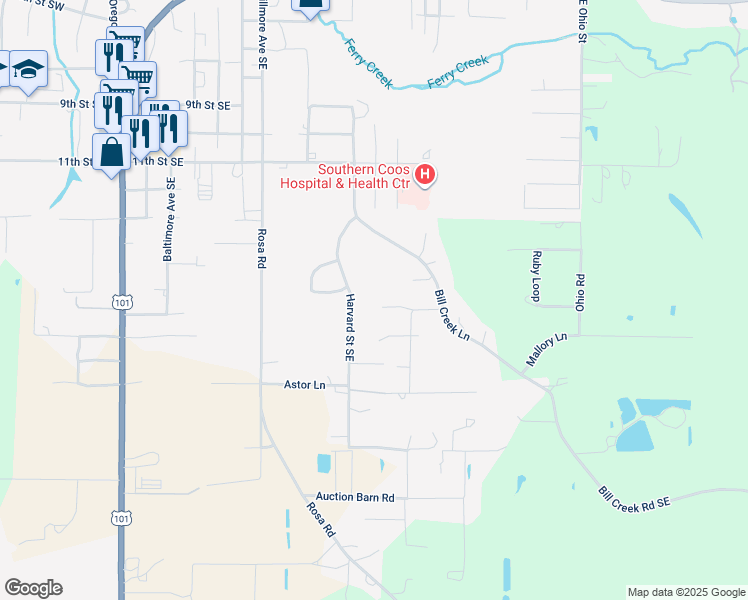 map of restaurants, bars, coffee shops, grocery stores, and more near 87917 Fireside Lane in Bandon