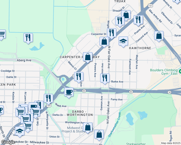 map of restaurants, bars, coffee shops, grocery stores, and more near 729 Pinecrest Drive in Madison