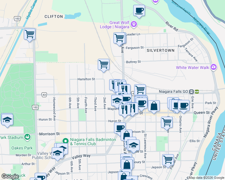 map of restaurants, bars, coffee shops, grocery stores, and more near in Niagara Falls