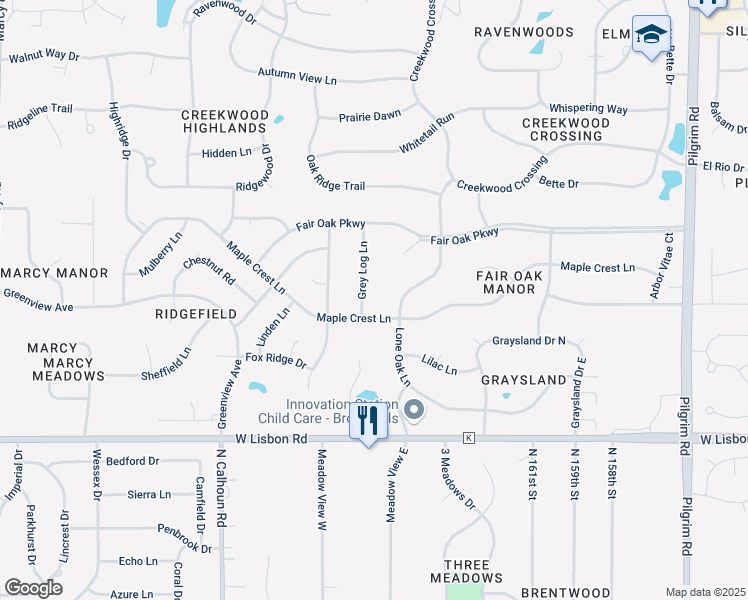 map of restaurants, bars, coffee shops, grocery stores, and more near W167N5020 Grey Log Lane in Menomonee Falls