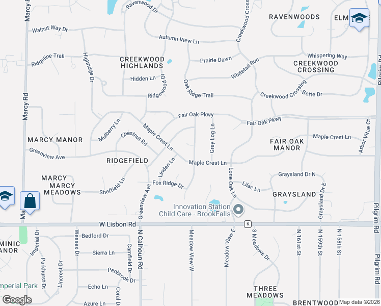 map of restaurants, bars, coffee shops, grocery stores, and more near N50W16933 Maple Crest Lane in Menomonee Falls