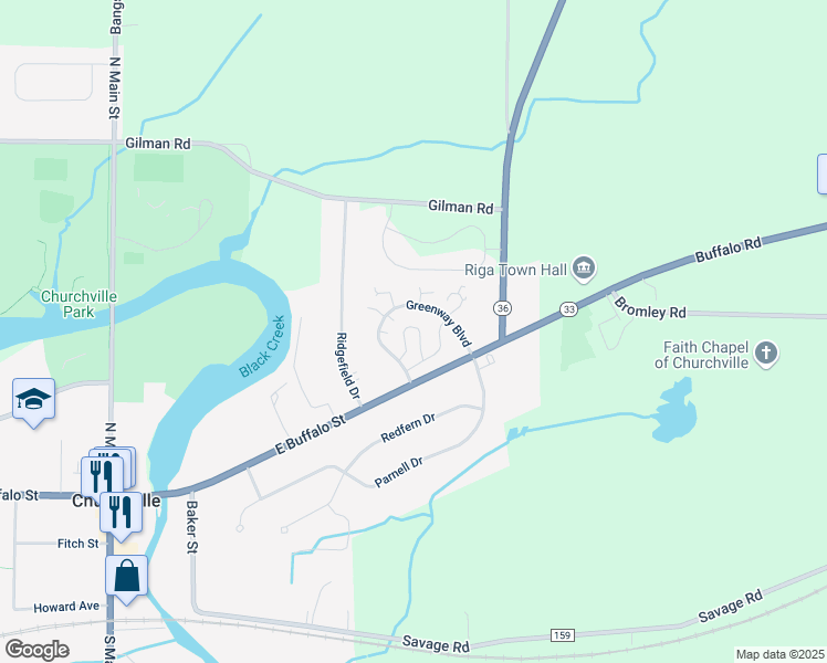 map of restaurants, bars, coffee shops, grocery stores, and more near 252 Greenway Boulevard in Churchville