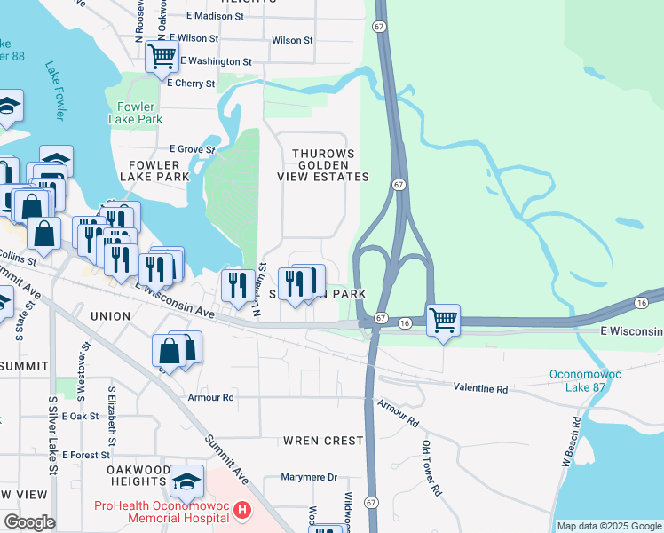 map of restaurants, bars, coffee shops, grocery stores, and more near 265 Thurow Drive in Oconomowoc