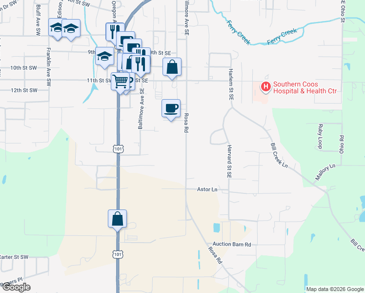 map of restaurants, bars, coffee shops, grocery stores, and more near 55278 Rosa Road in Bandon