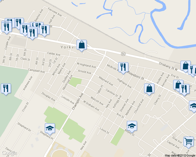 map of restaurants, bars, coffee shops, grocery stores, and more near 2223 Maynard Avenue in Utica