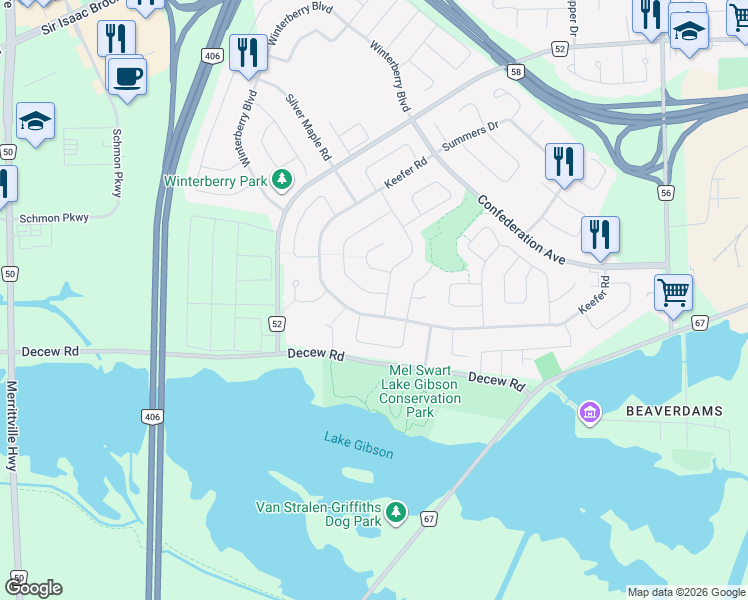 map of restaurants, bars, coffee shops, grocery stores, and more near 4 Baxter Crescent in Thorold