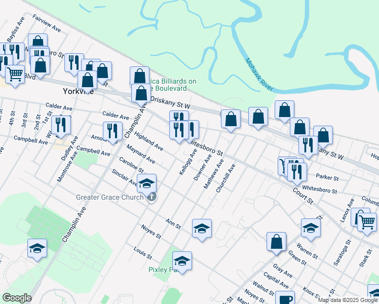map of restaurants, bars, coffee shops, grocery stores, and more near 913 Kellogg Avenue in Utica