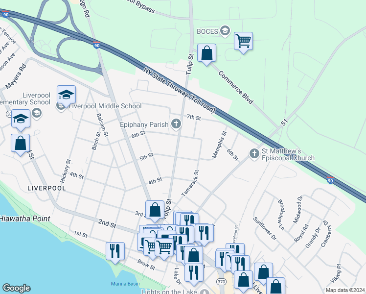map of restaurants, bars, coffee shops, grocery stores, and more near 900 Tulip Street in Liverpool
