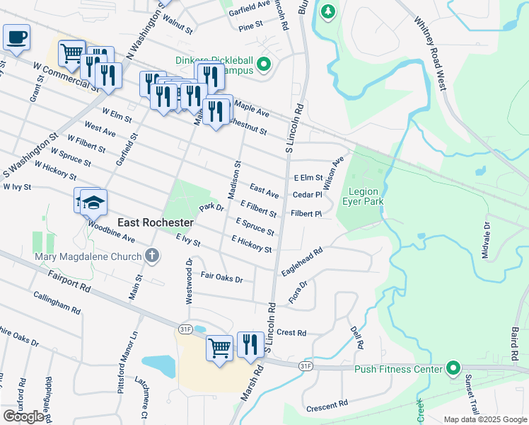 map of restaurants, bars, coffee shops, grocery stores, and more near 227 East Spruce Street in East Rochester