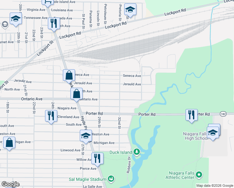 map of restaurants, bars, coffee shops, grocery stores, and more near 2965 Ontario Avenue in Niagara Falls