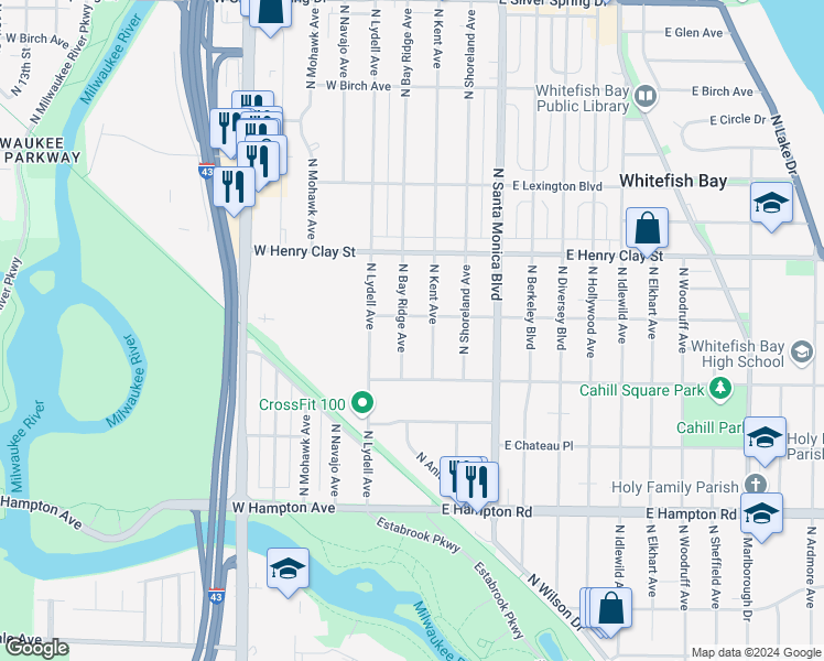 map of restaurants, bars, coffee shops, grocery stores, and more near 5034 North Bay Ridge Avenue in Whitefish Bay